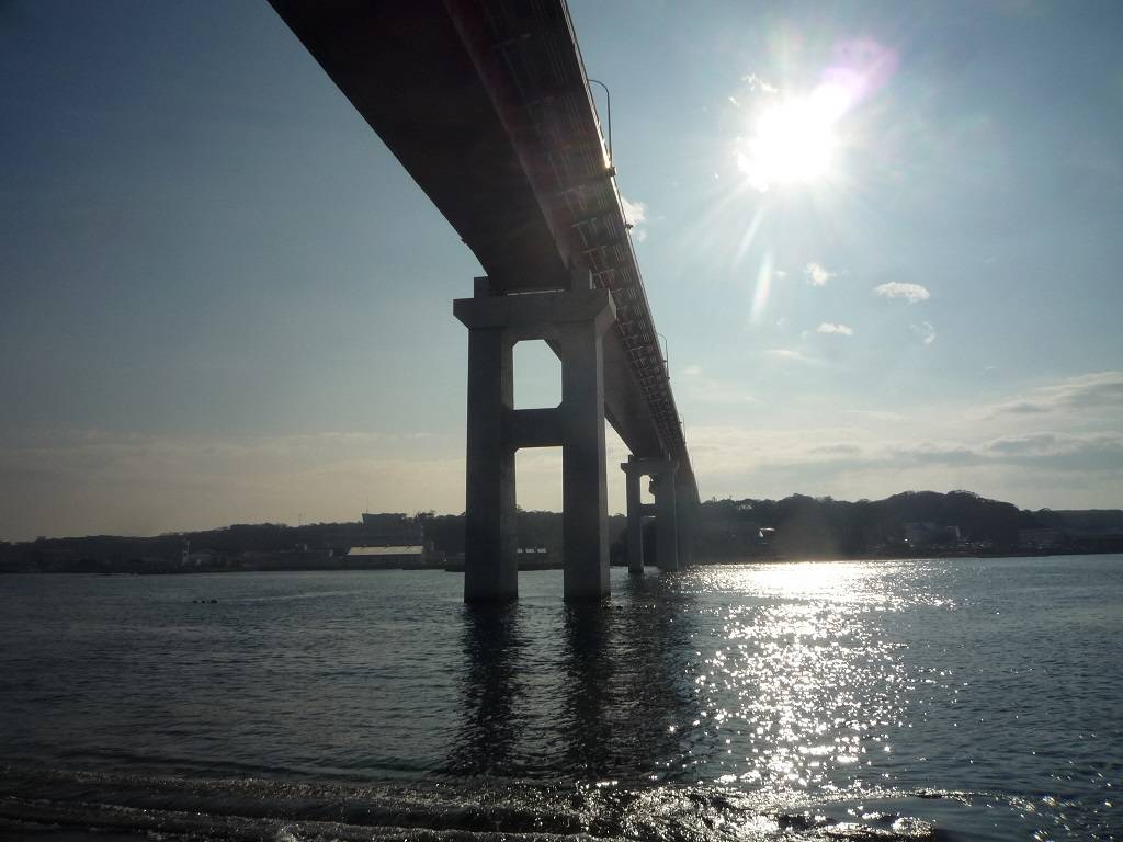 三崎の田中地区の橋の袂の小漁港から見上げる城ヶ島大橋